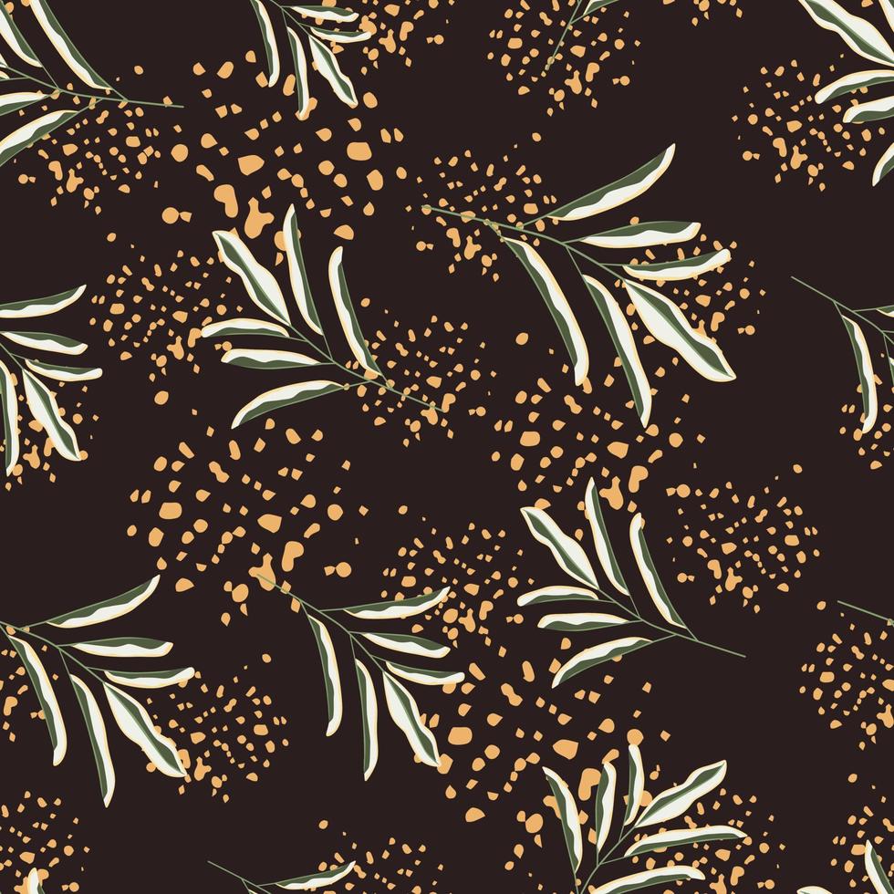 Random green minimalistic leaves seamless nature pattern. Hand drawn ornament. Brown background with splashes. vector
