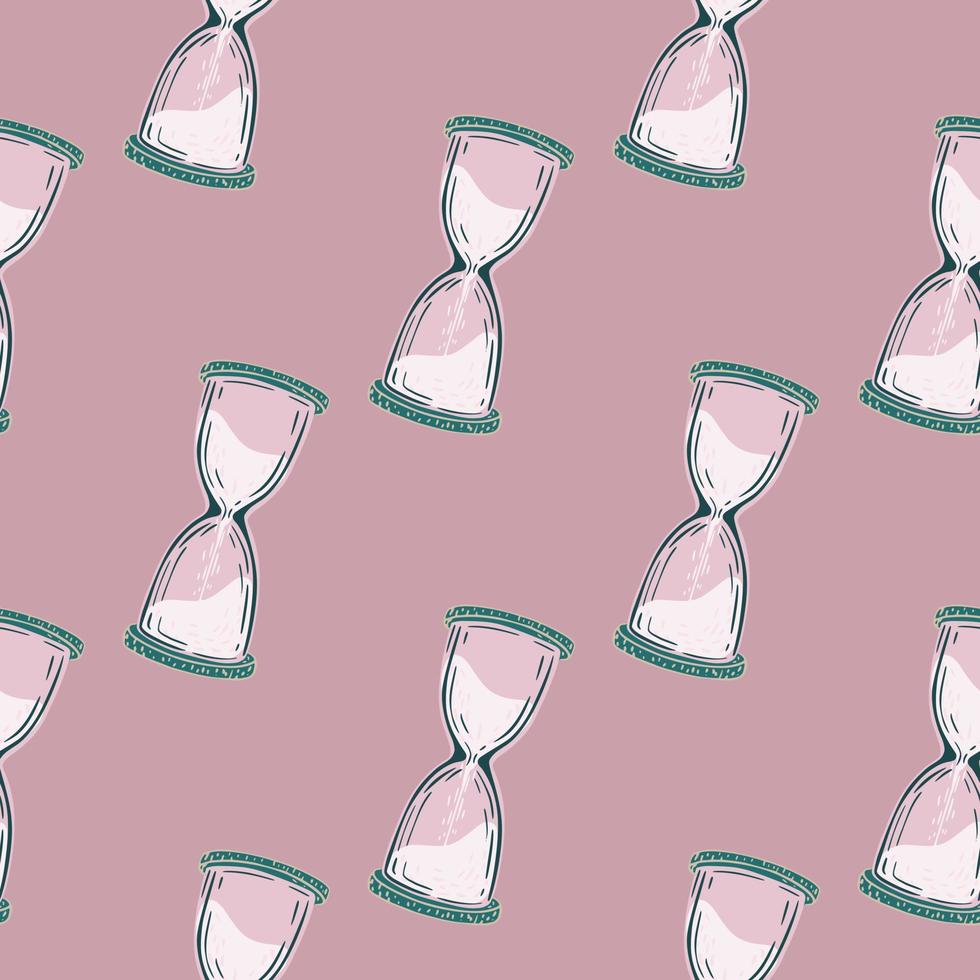 patrón de tiempo transparente de tonos pastel con adorno de reloj de arena. fondo rosa claro. vector