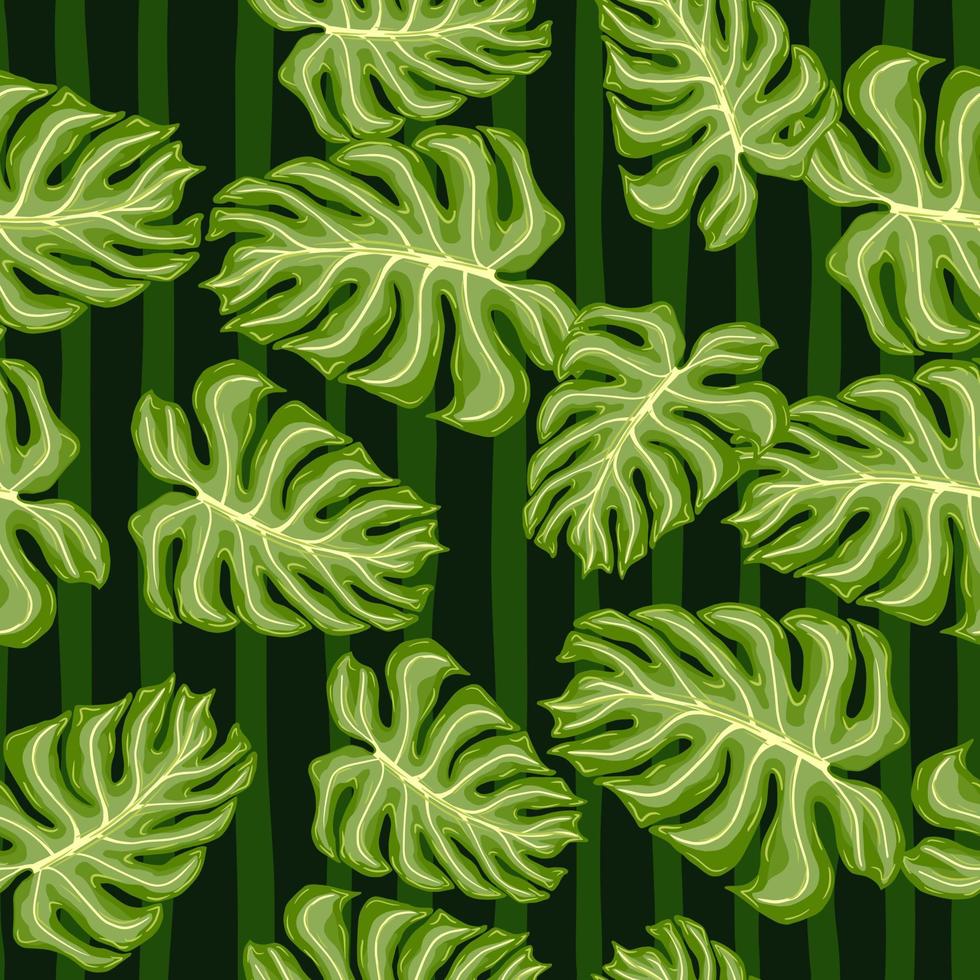 Green random palm leaf silhouettes seamless doodle pattern. Striped background. Abstract style. vector