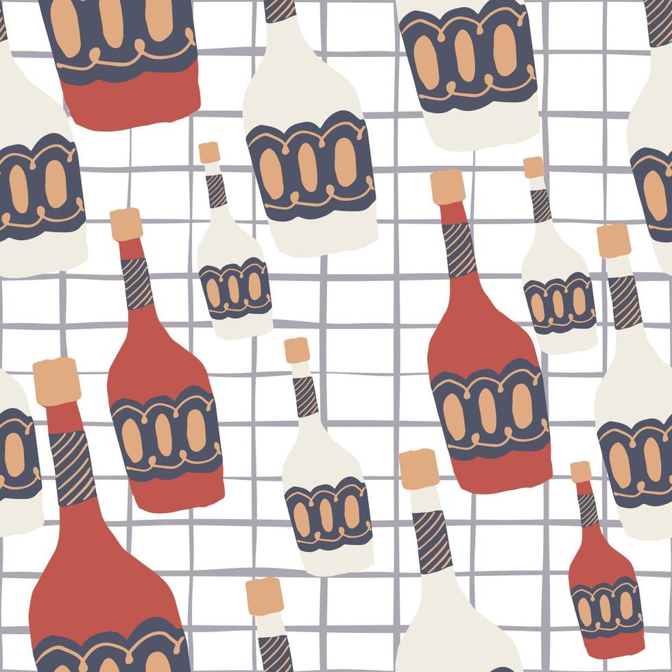 Funny glass bottle seamless pattern on stripes background. Alcohol rum bottles. vector