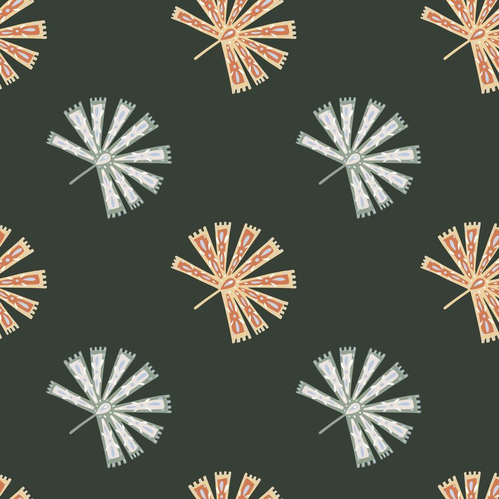 Bloom seamless pattern with botanic folk licuala palm . Green dark background. Nature tropic print. vector