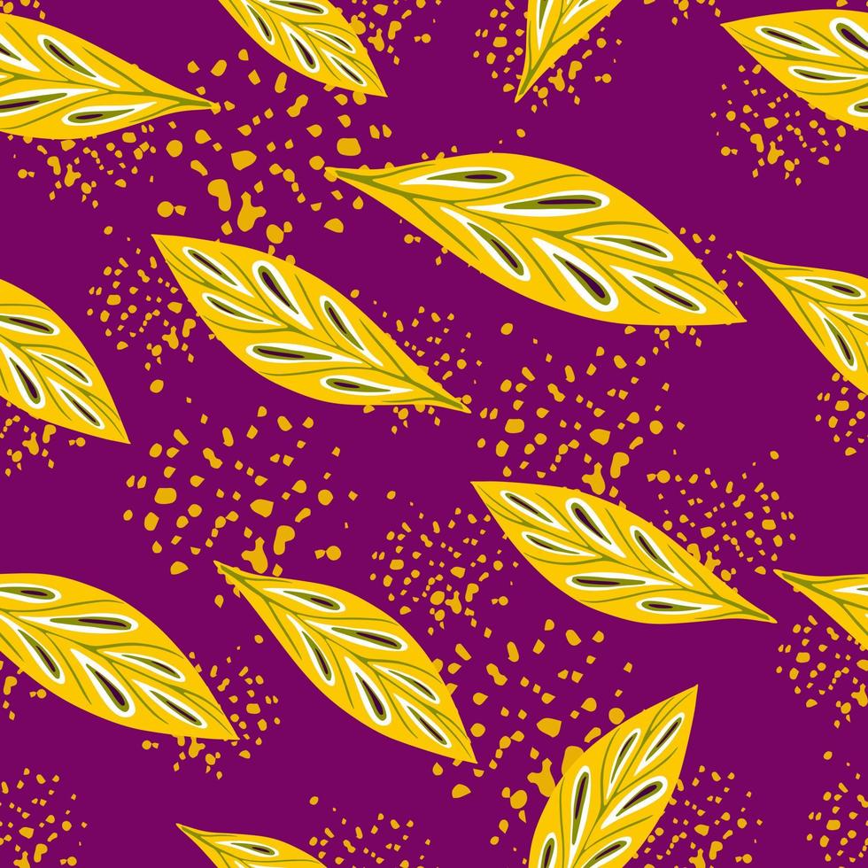 Random yellow leaf silhouettes seamless pattern in hand drawn style. Purple background with splashes. vector