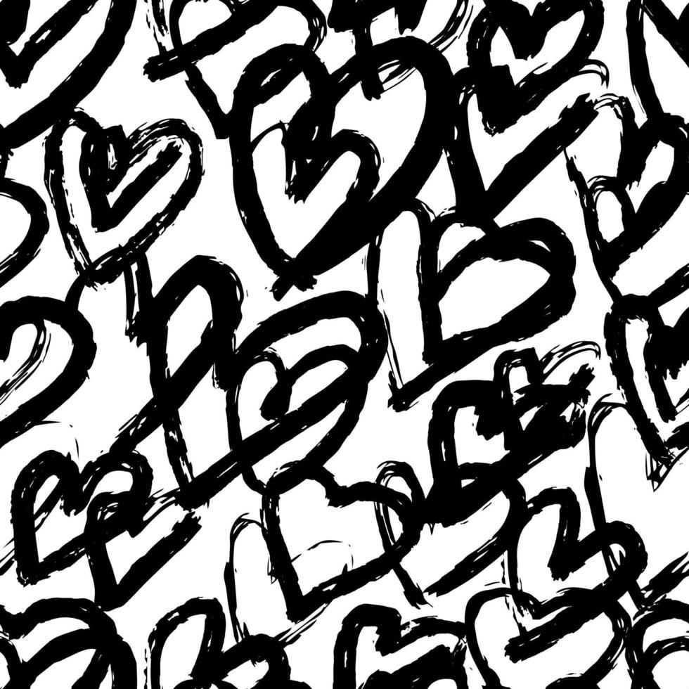 Freehand black hearts seamless pattern on white background. vector