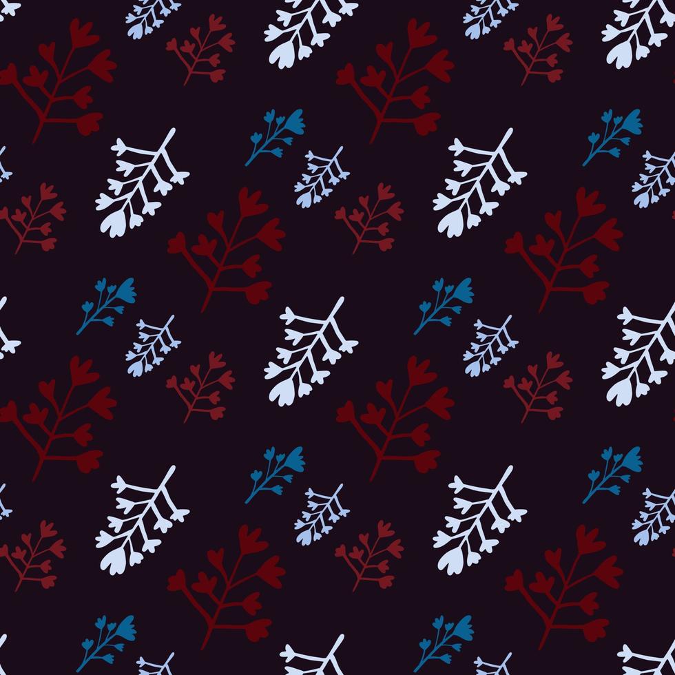 Floral branches seamless doodle pattern on black background. Red and blue botanic silhouettes. vector