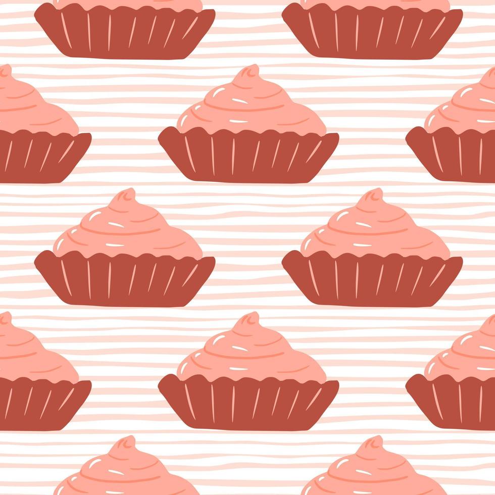 Basket cake with pink strawberry cream seamless pattern. Stylized hand drawn ornament on grey light striped ornament. vector