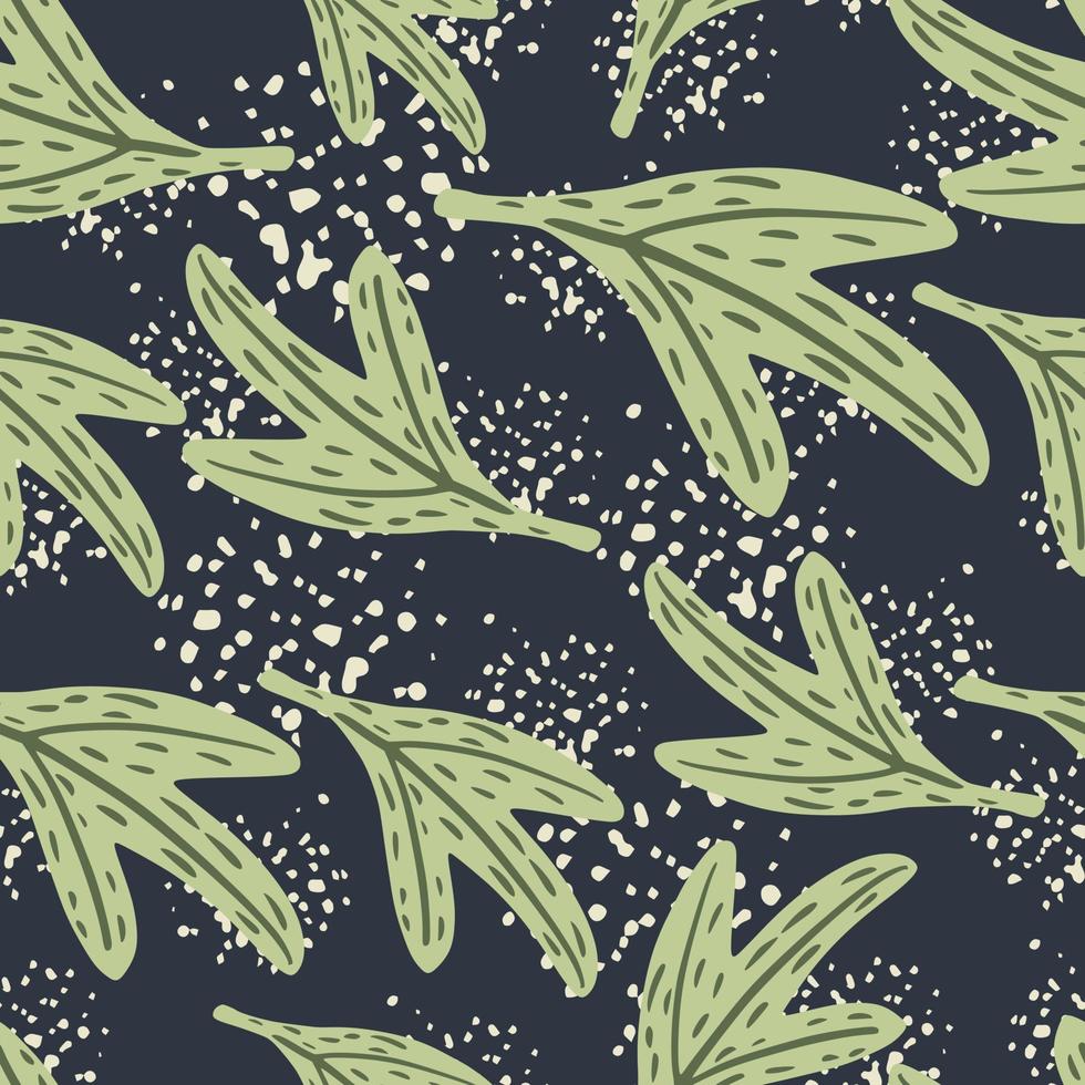 Abstract seamless random pattern with light green leaf shapes. Navy blue background with splashes. vector
