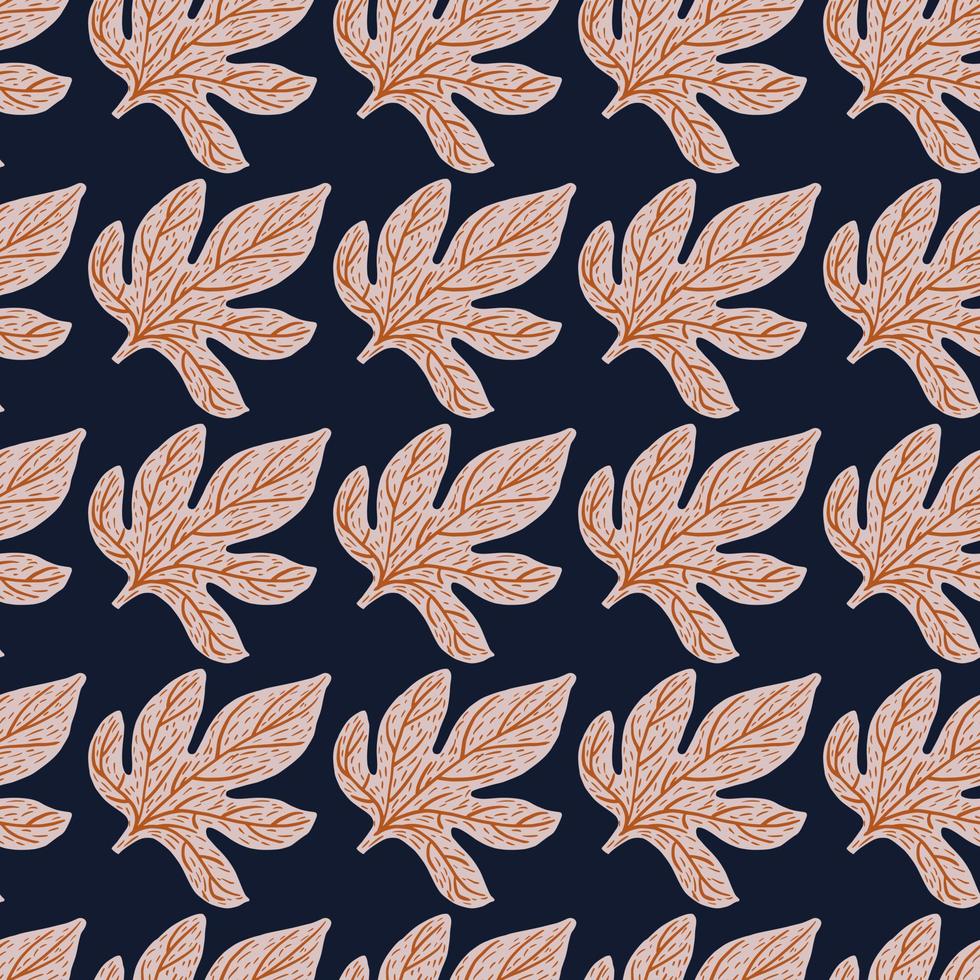 Grey outline leaves seamless doodle pattern. Cartoon flat foliage print on navy blue dark background. vector