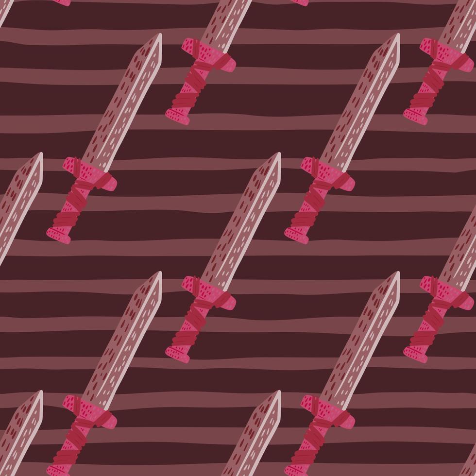 Creative seamless pattern with swors doodle ornament. Historical knife elements on striped maroon background. vector