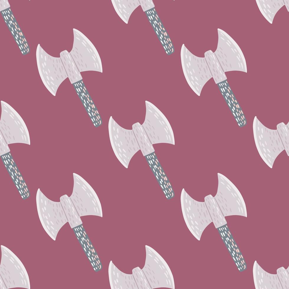 Simple viking hatchet silhouettes seamless doodle pattern. Grey colores scandinavian armor ornament on dark pink background. vector