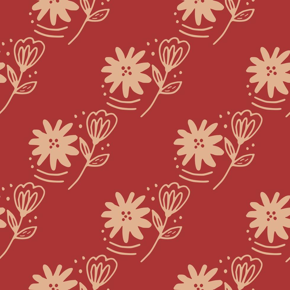 Doodle flower seamless pattern in line art style on red background. Abstract floral. vector