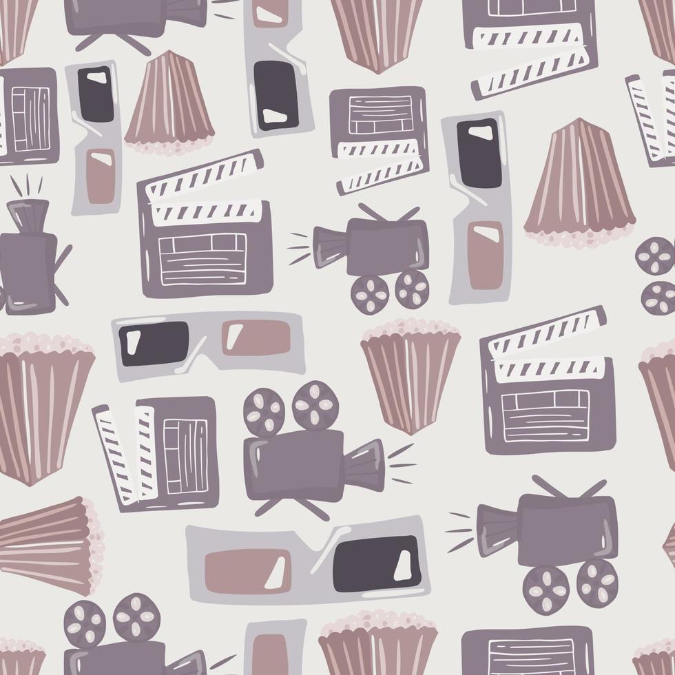 Seamless pale movie pattern with popcorn, camera, 3d glasses and clapperboard ornament. Purple and orange soft tones palette. vector