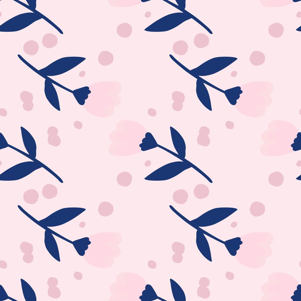 Tender seamless floral pattern with flower elements. Folk ornament with blue stems on pink light background. vector