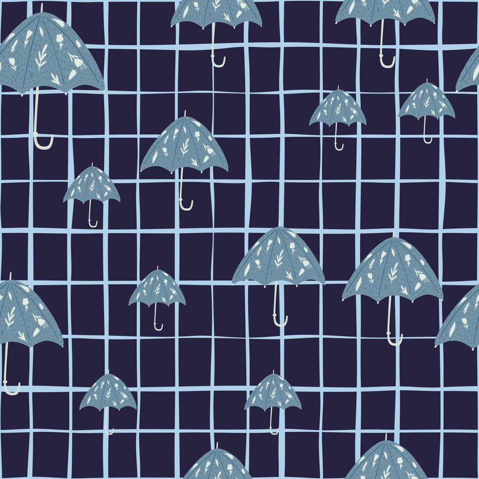 Random seamless doodle pattern with blue umbrella ornament. Navy blue chequered background. vector