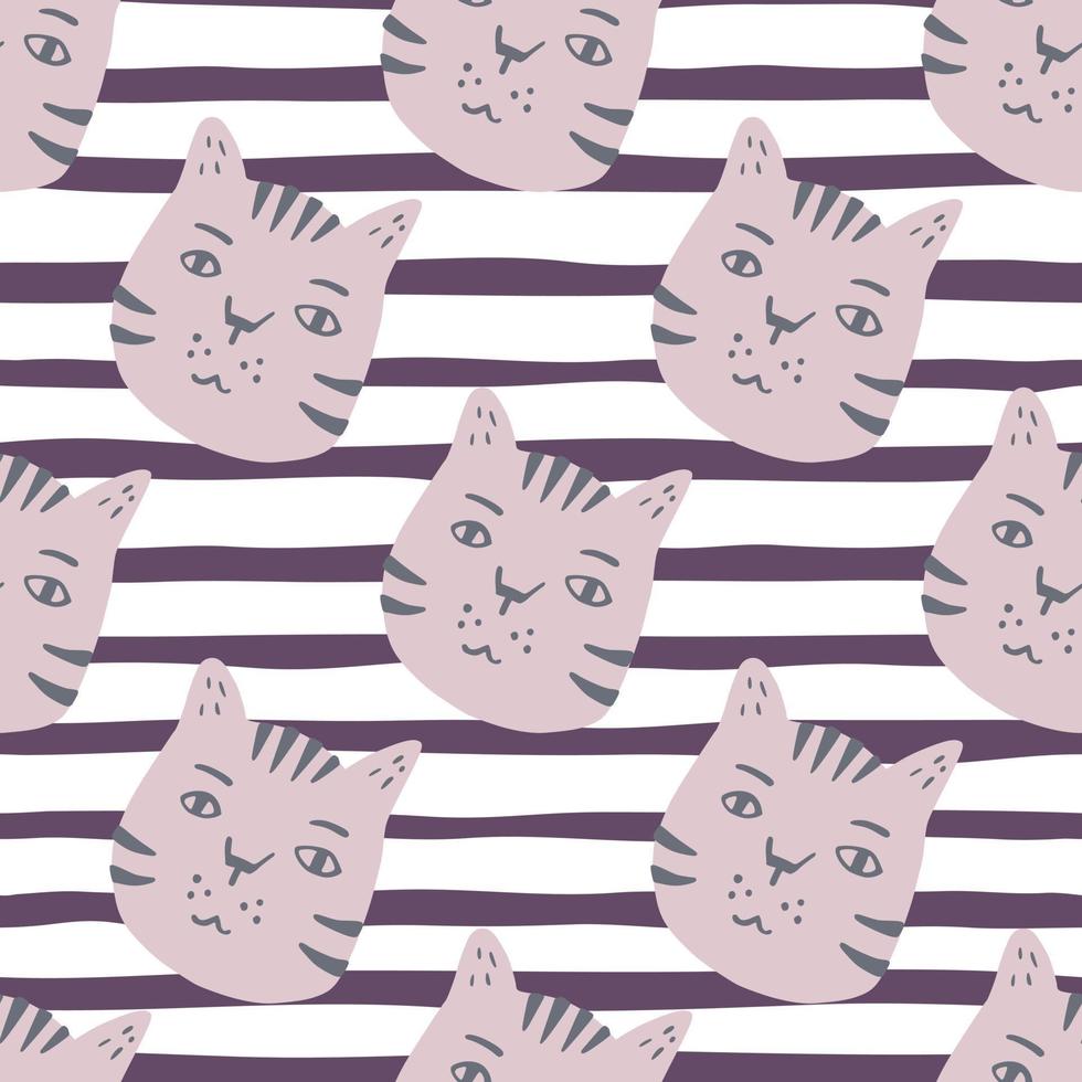 Cat seamless pattern. Purple pets faces on white background with strips. Stylized naive artwork. vector