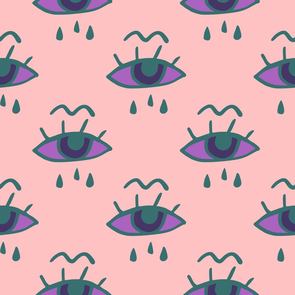 Simple eye and tears seamless pattern. Light pink background with green and purple face elements. vector