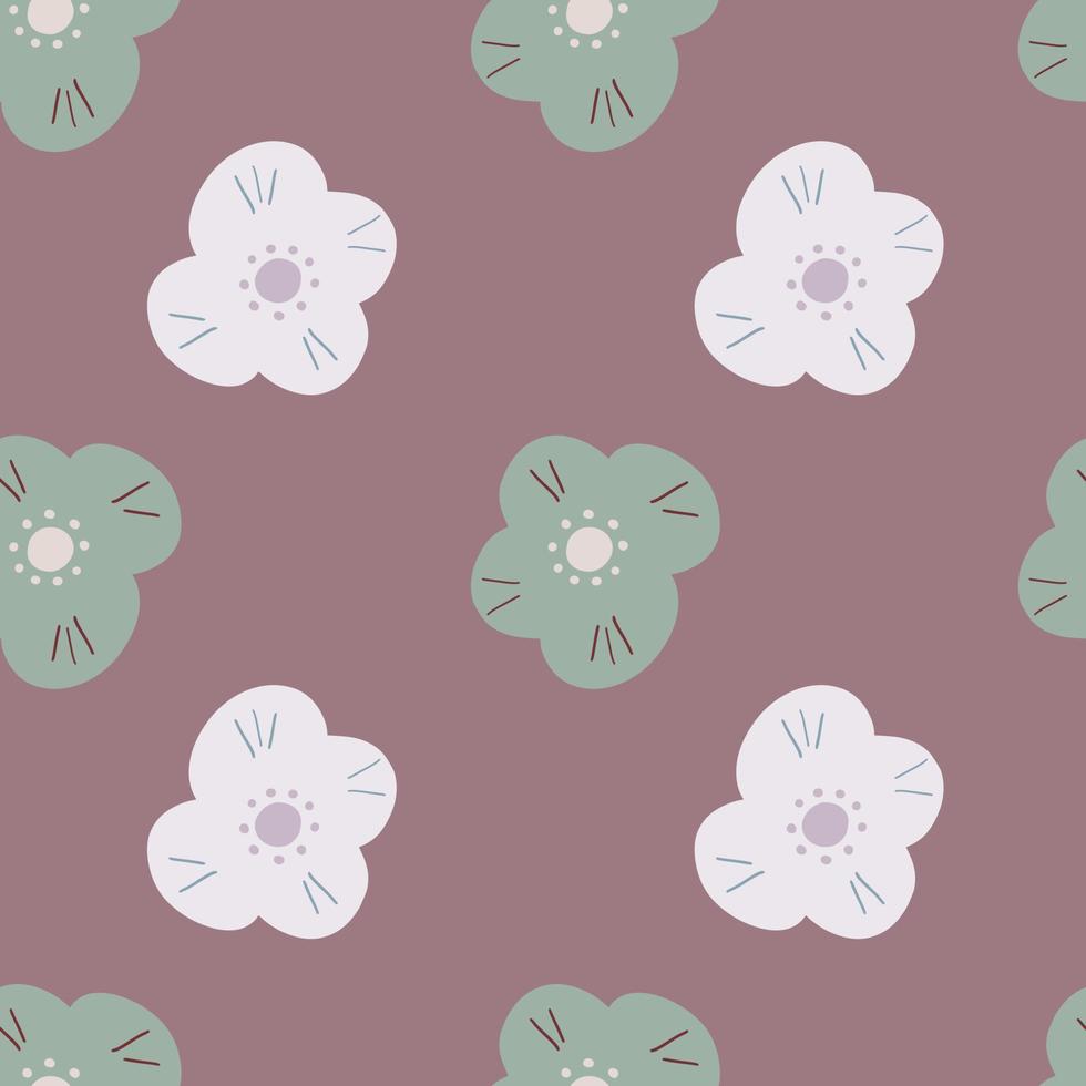 Ditsy botanic seamless pattern with naive scandi flowers shapes. Pale purple background. Simple style. vector