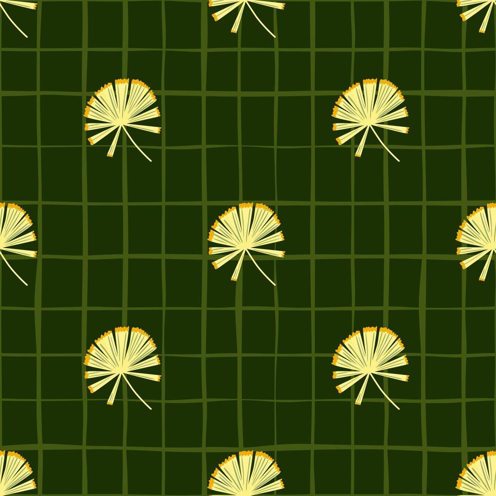 Spring seamless pattern with yellow palm licuala ornament. Green chequered background. Organic bloom shapes. vector