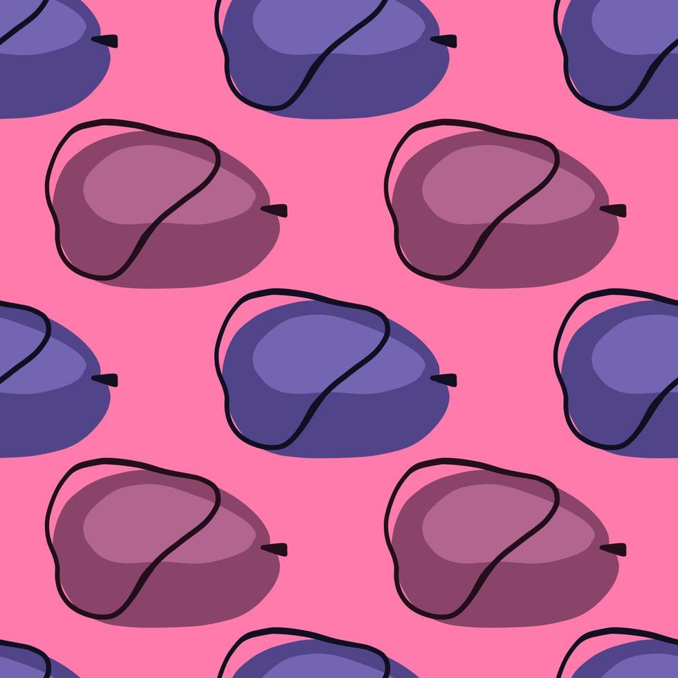 Contoured abstract plums shapes seamless pattern. Navy blue and purple ornament. Pink background. vector