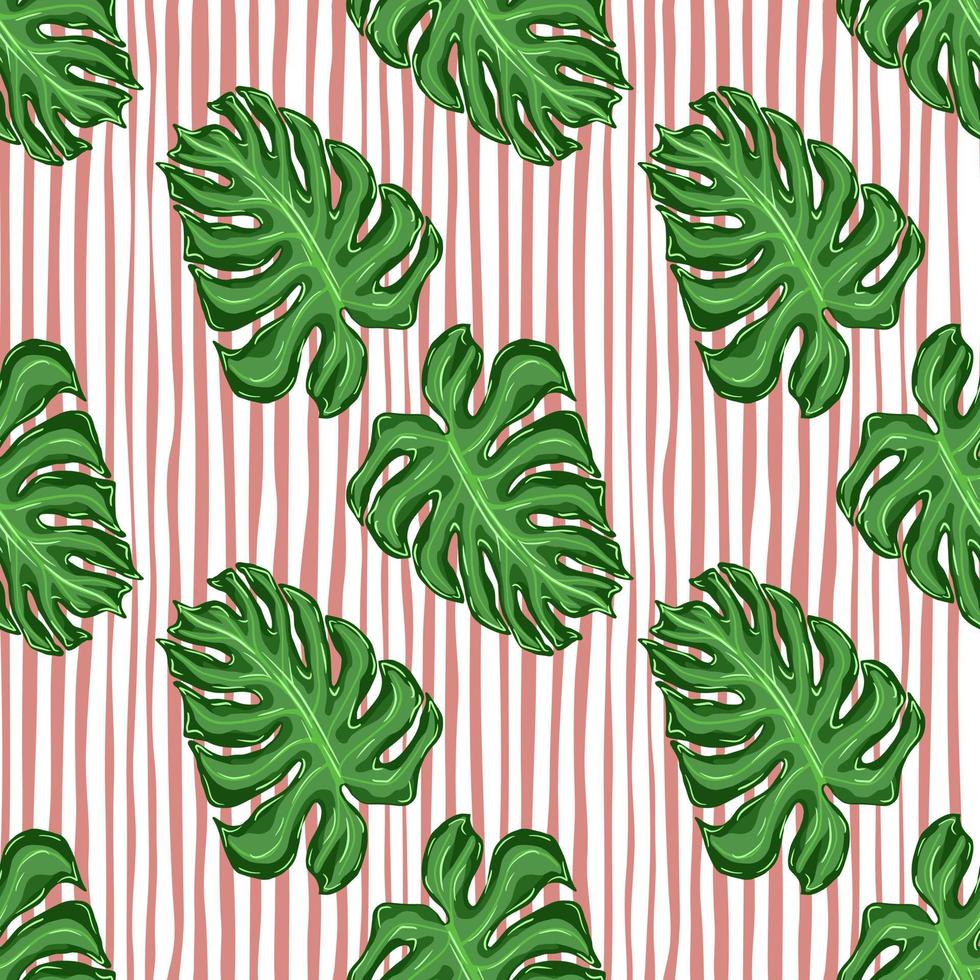 Botany seamless pattern with green palm leaf doodle ornament. Pink striped background. vector