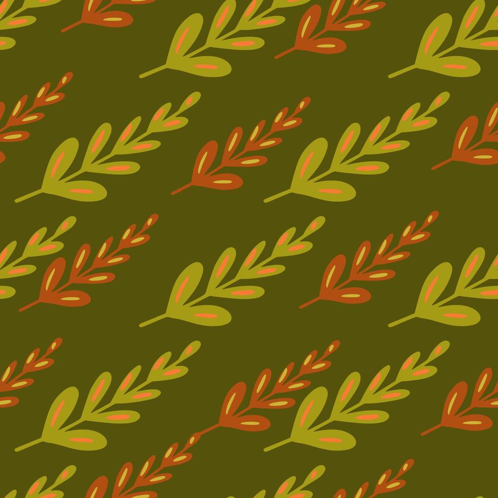 Autumn seamless botanic patter with leaves branches ornament. Green olive background. Simple design. vector