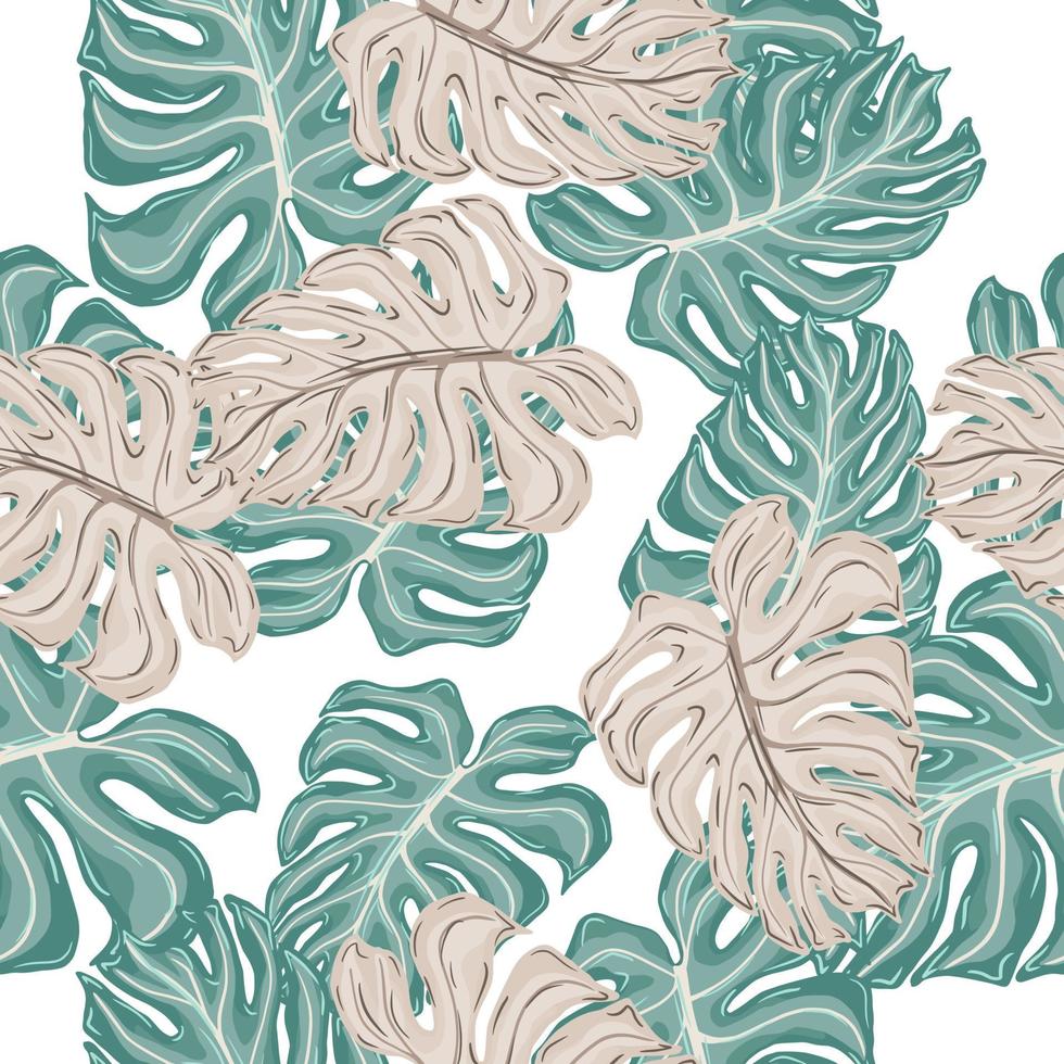 patrón inconsútil aislado con estampado de hojas de monstera azul y púrpura al azar. Fondo blanco. vector