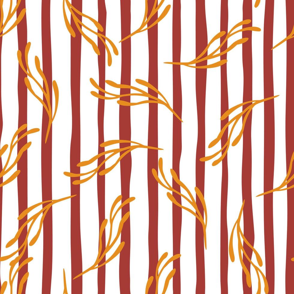 Decorative seamless pattern with random orange branches print. Red and white striped background. vector