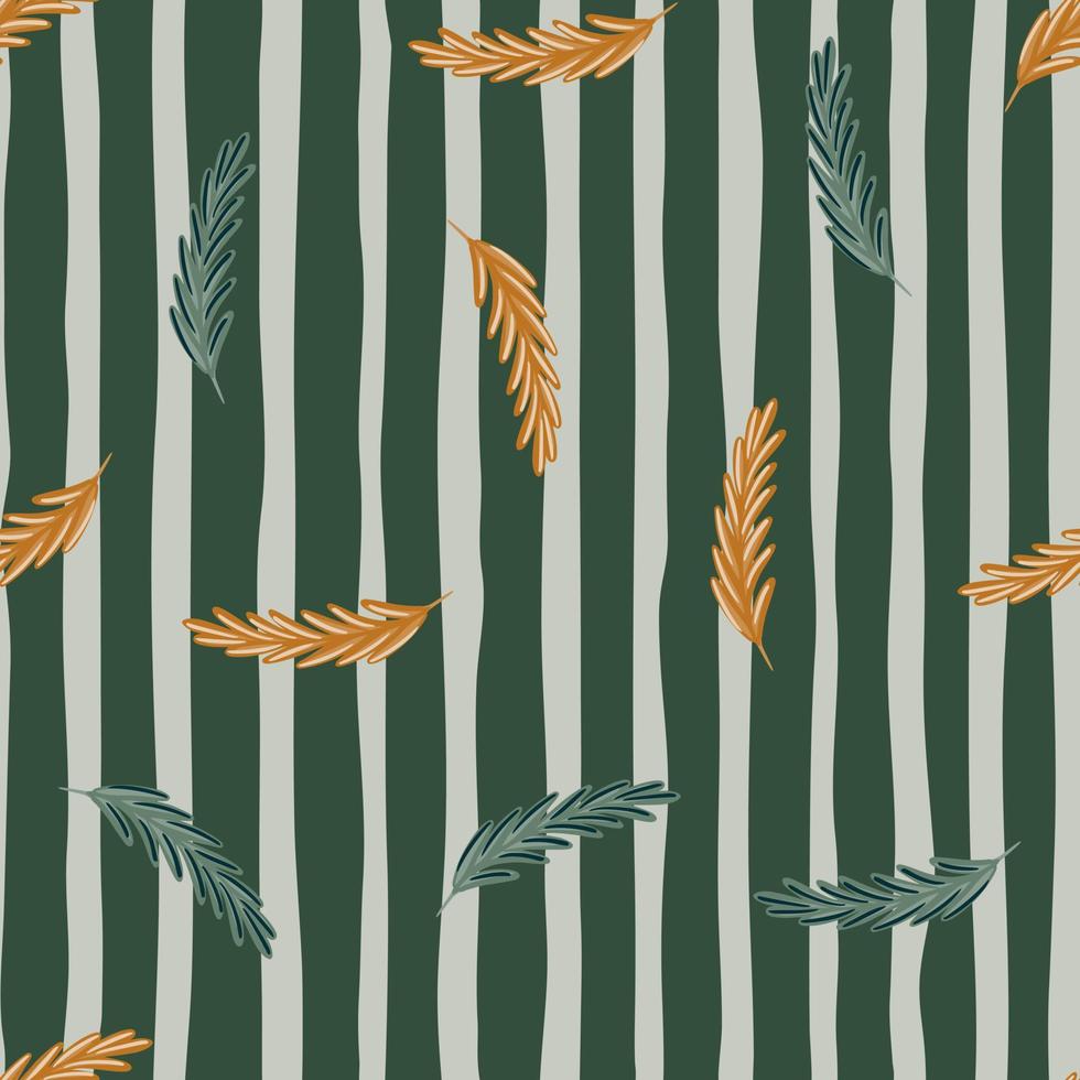 Random orange and blue colored rosemary silhouettes print. Striped grey background. Nature artwork. vector