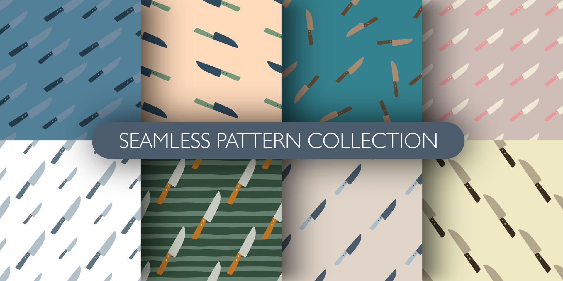 Set of seamless pattern with knife figures. Hand drawn kitchen print collection. Cooking tools design. vector