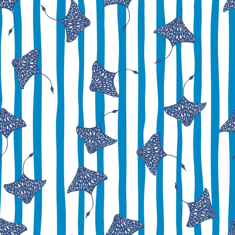 Random navy blue stingray shapes seamless doodle pattern. Blue and white striped background. Simple style. vector