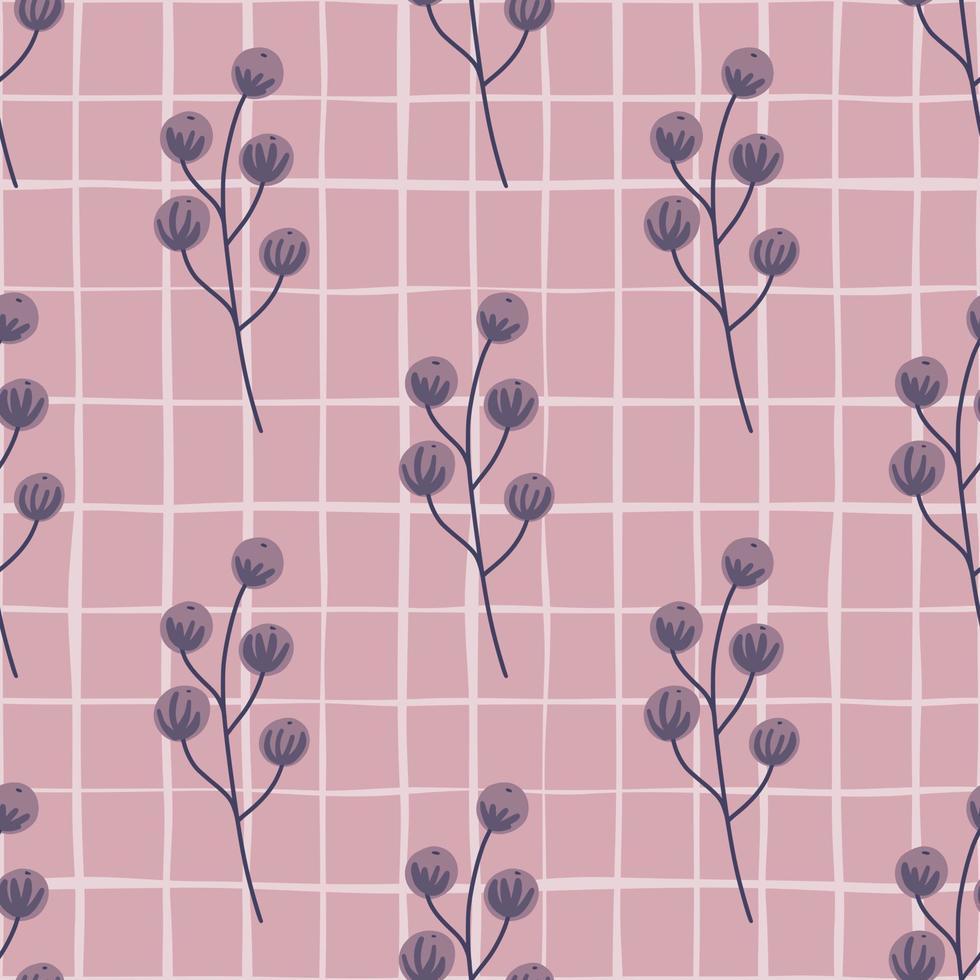 Forest food seamless pattern with wild purple berry silhouettes print. Lilac background with check. vector