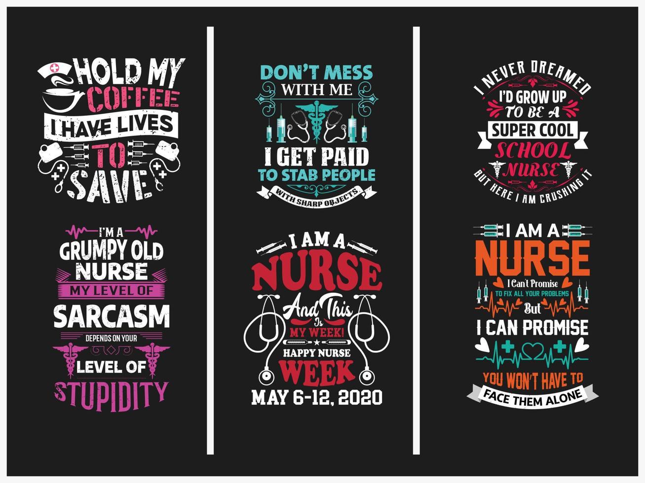 Paquete de diseño de frases tipográficas practicantes de enfermería. vector
