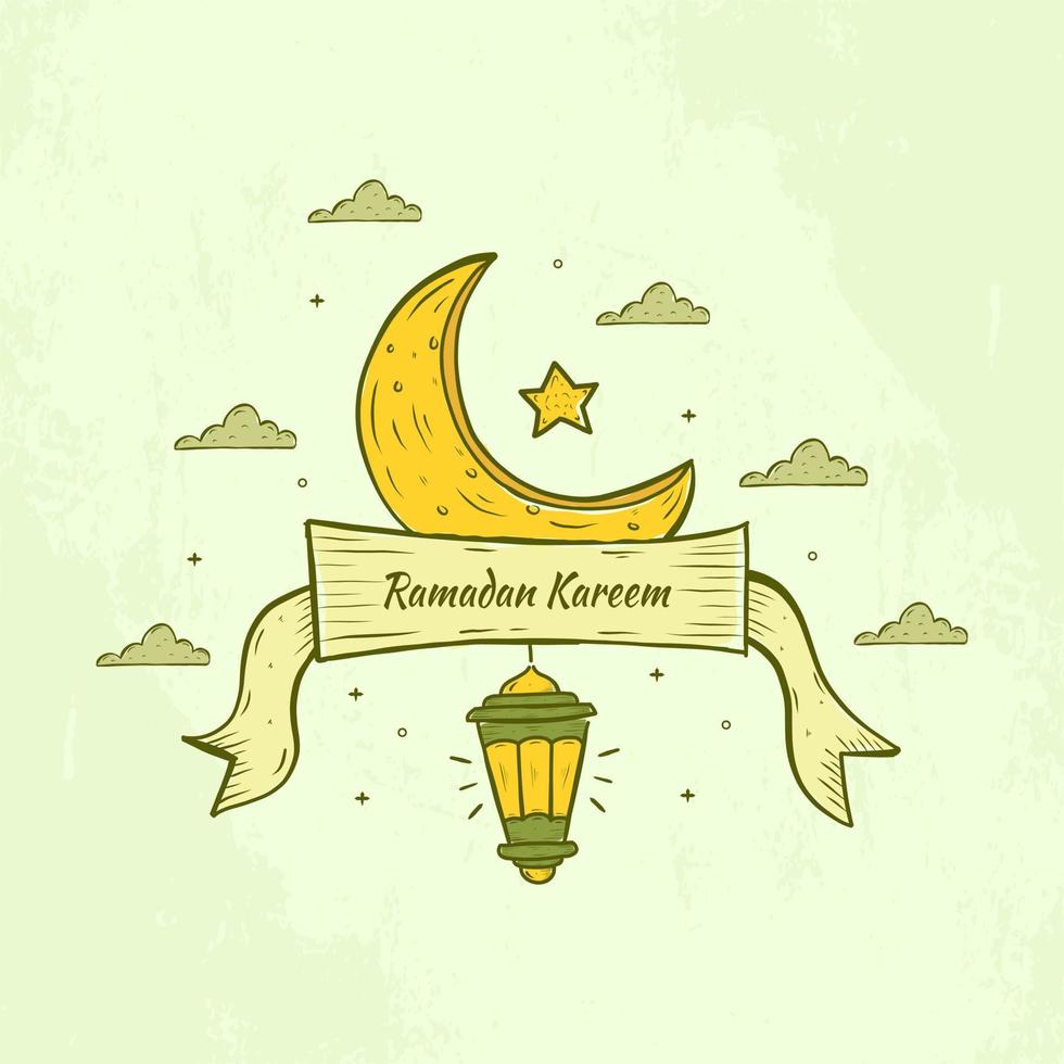 Ramadan Kareem Illustration With Crescent Moon And Lantern Concept. Hand Drawn Sketch Style vector