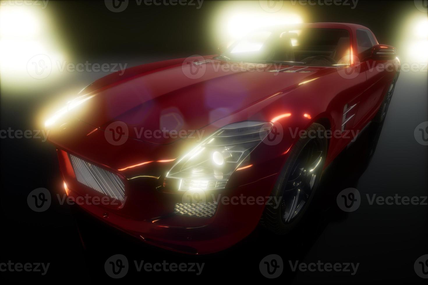 luxury sport car in dark studio with bright lights photo