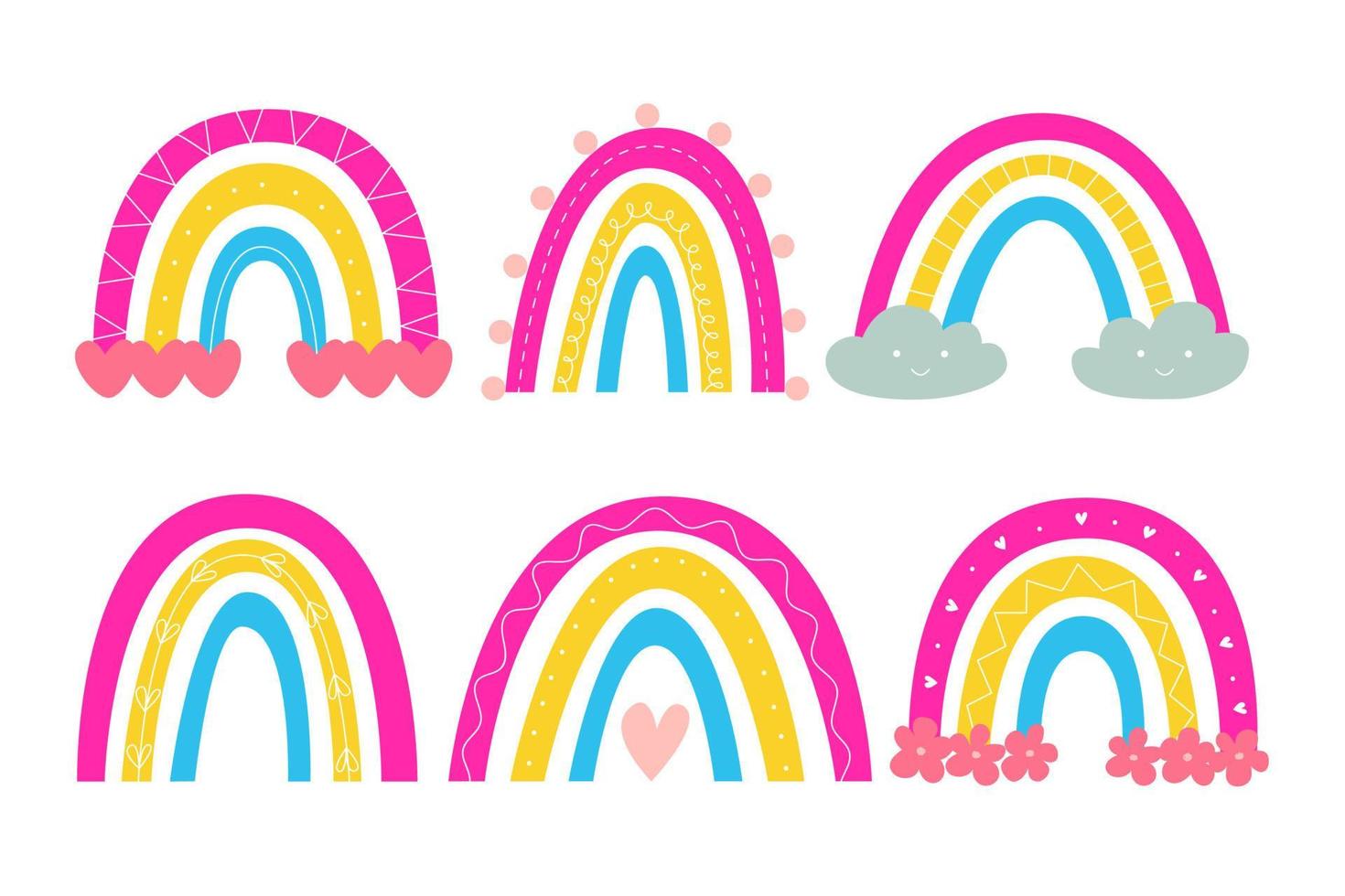 Set cute scandinavian rainbow in colours pansexual flag. Stickers for LGBTQ pride. Vector illustration in cartoon naive style.