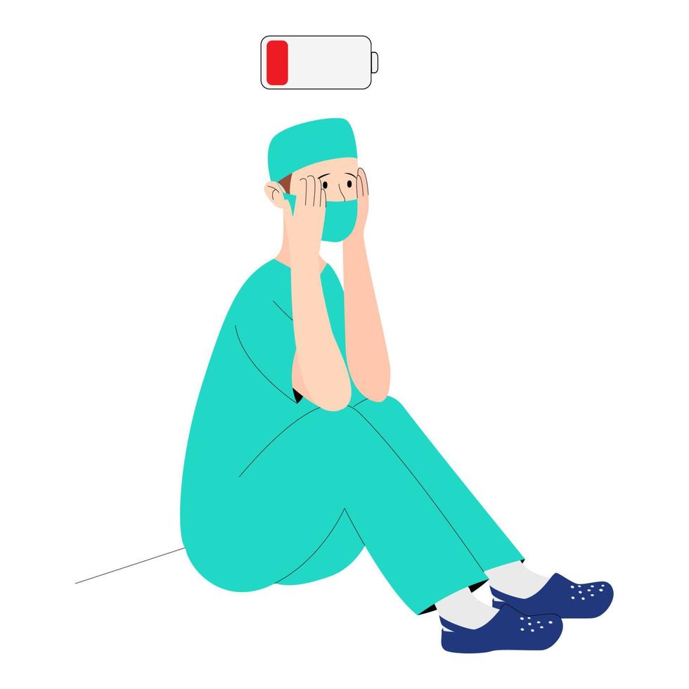 Concept burnout doctor. Tired men doctor in masks and uniforms are sad. Vector illustration in flat cartoon style white background.