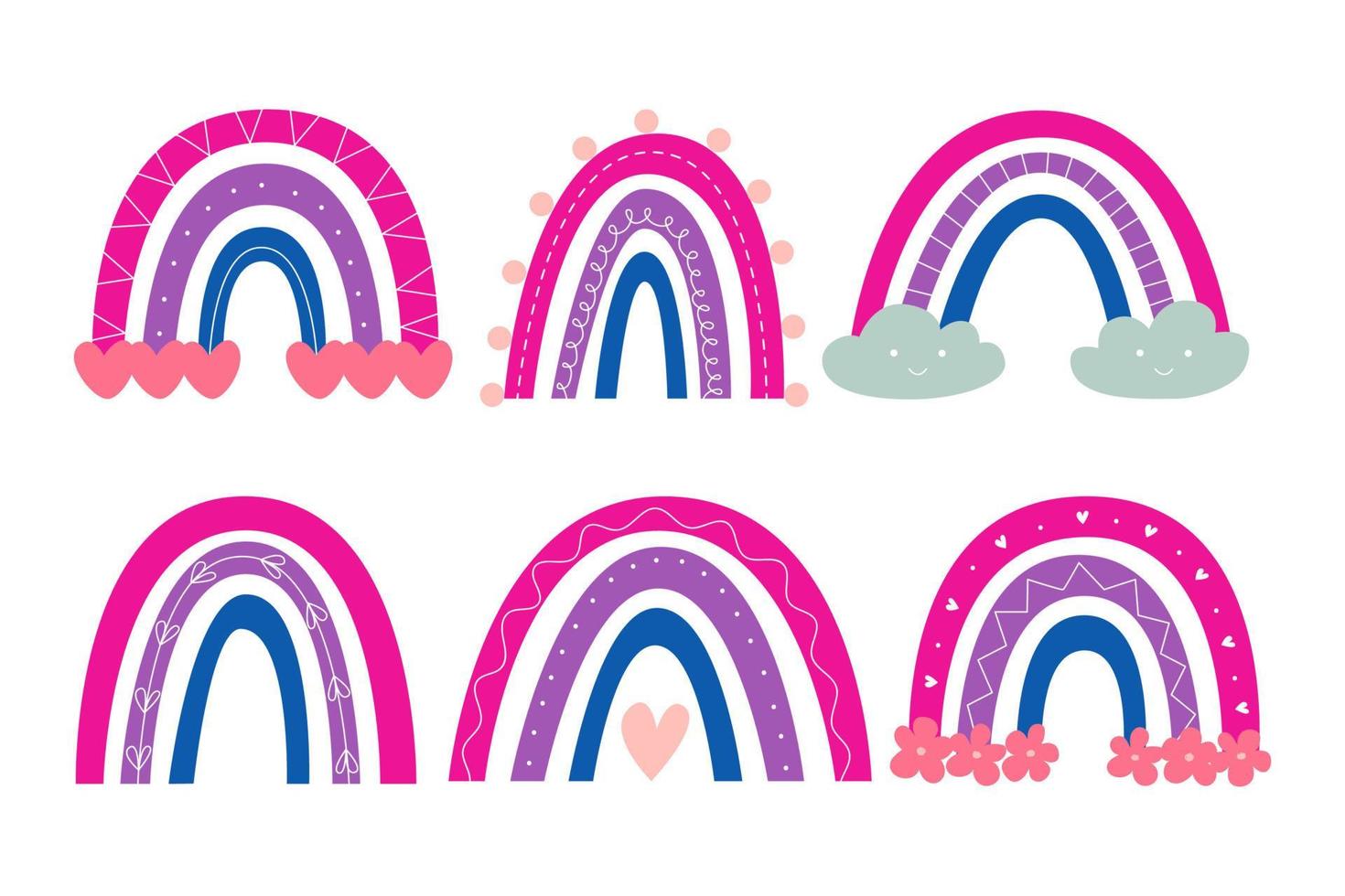 establecer lindo arco iris escandinavo en colores bandera bisexual. pegatinas para el orgullo lgbtq. ilustración vectorial en estilo ingenuo de dibujos animados. vector