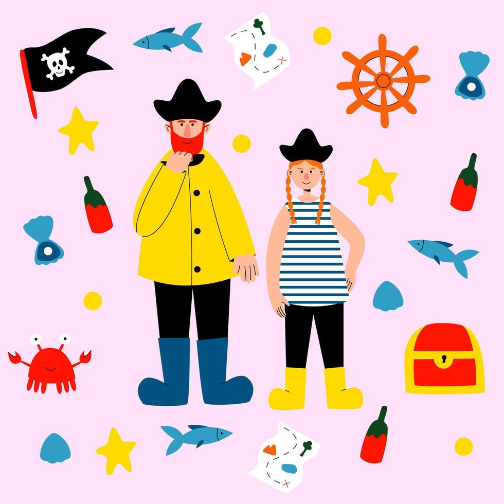 Vector set of pirates characters and objects in cartoon style. Man and woman pirates, crab, treasure chest, map, rum bottle, flag, fish, coins, steering wheel. Illustration in cartoon style.