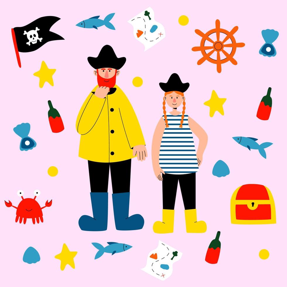 conjunto vectorial de personajes y objetos piratas al estilo de las caricaturas. piratas de hombre y mujer, cangrejo, cofre del tesoro, mapa, botella de ron, bandera, pescado, monedas, volante. ilustración en estilo de dibujos animados. vector