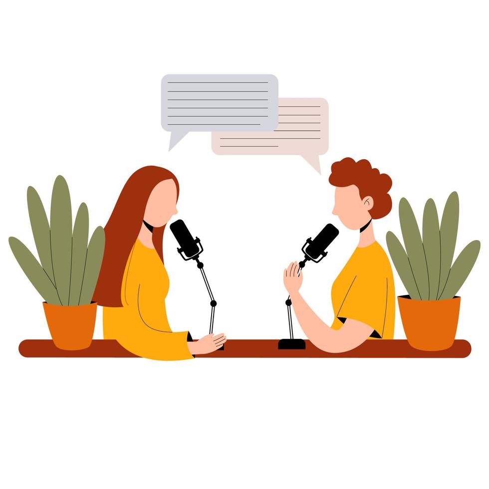 Girls record podcast into microphones while sitting at a table. Vector flat illustration isolated on a white background.