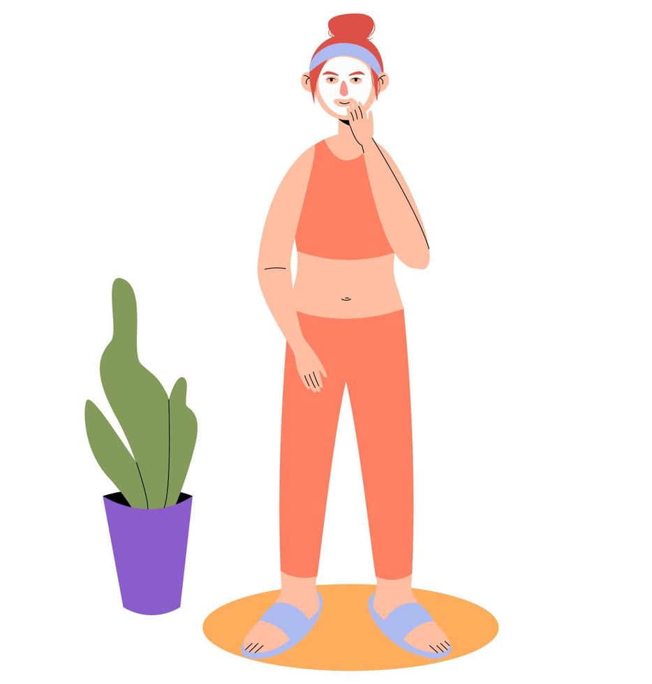 Young happy girl puts a cleansing mask on her face in the bathroom. Skin care concept. Self love, morning routine in flat style isolated on a white background. vector