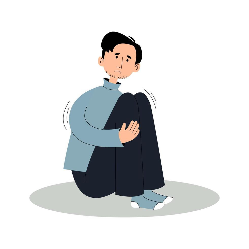 Sad man in depression sits hugging his knees. Concept mental disorders, anxiety, depression, bipolar disorder. Vector illustration in flat style isolated on a white background.