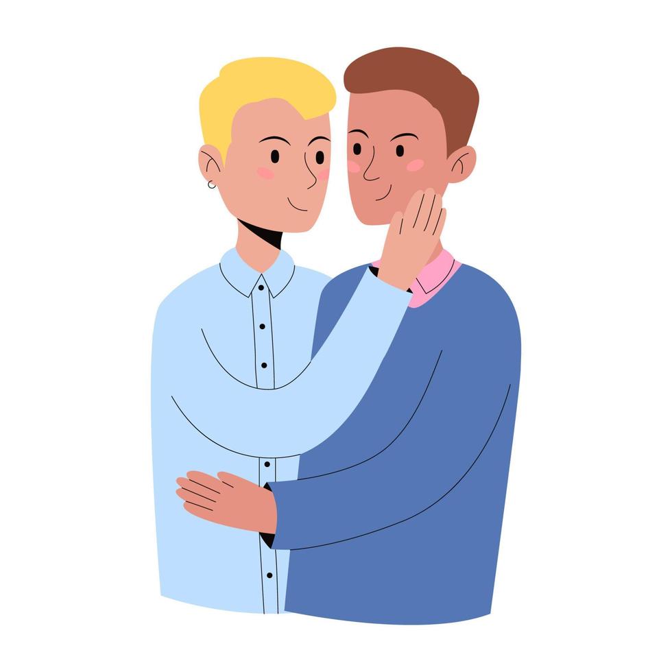 Couple in love. Gay men hug. LGBTQ. Vector illustration in flat style isolated on a white background.
