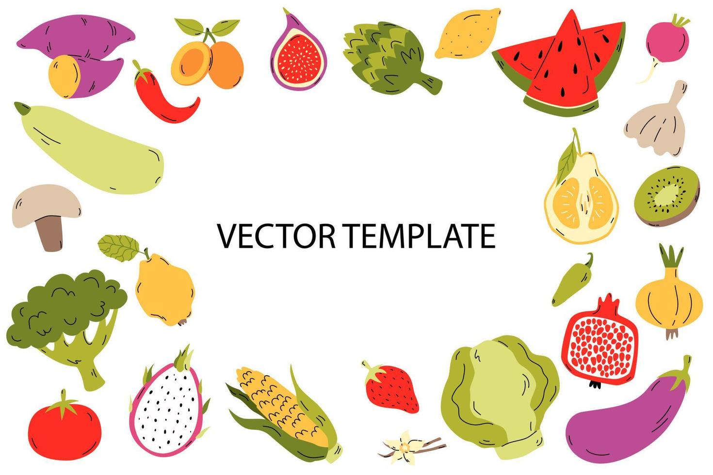 Organic foods frame template, hand drawn fruits and vegetables for menu cover, banner or brochure. Vector cartoon illustration.