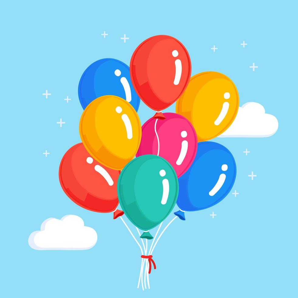Caja de cumpleaños colorida volando con globos ilustración de dibujos  animados plana.