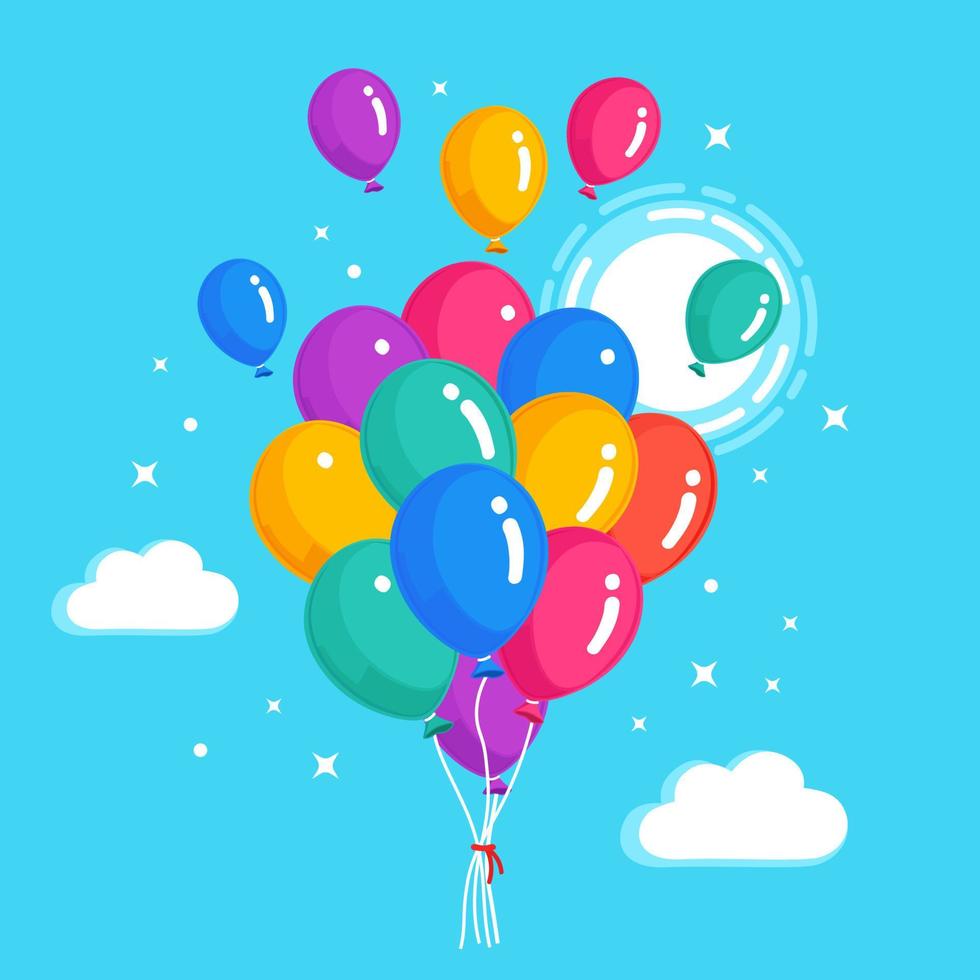 montón de globos de helio, bolas de aire volando en el cielo. concepto de feliz cumpleaños. diseño de dibujos animados de vectores