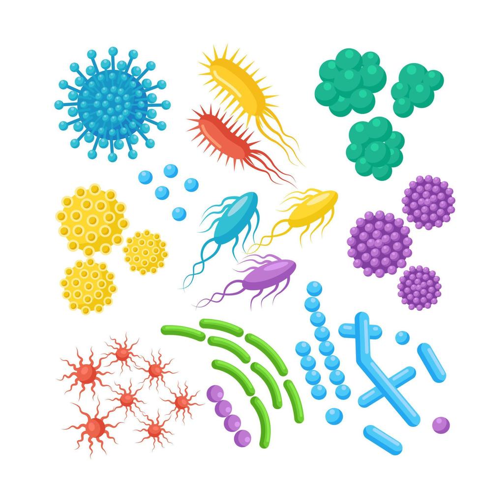 Set of bacteria, microbes, virus, germs. Disease-causing object isolated on background. Bacterial microorganisms, probiotic cells. Vector cartoon design.