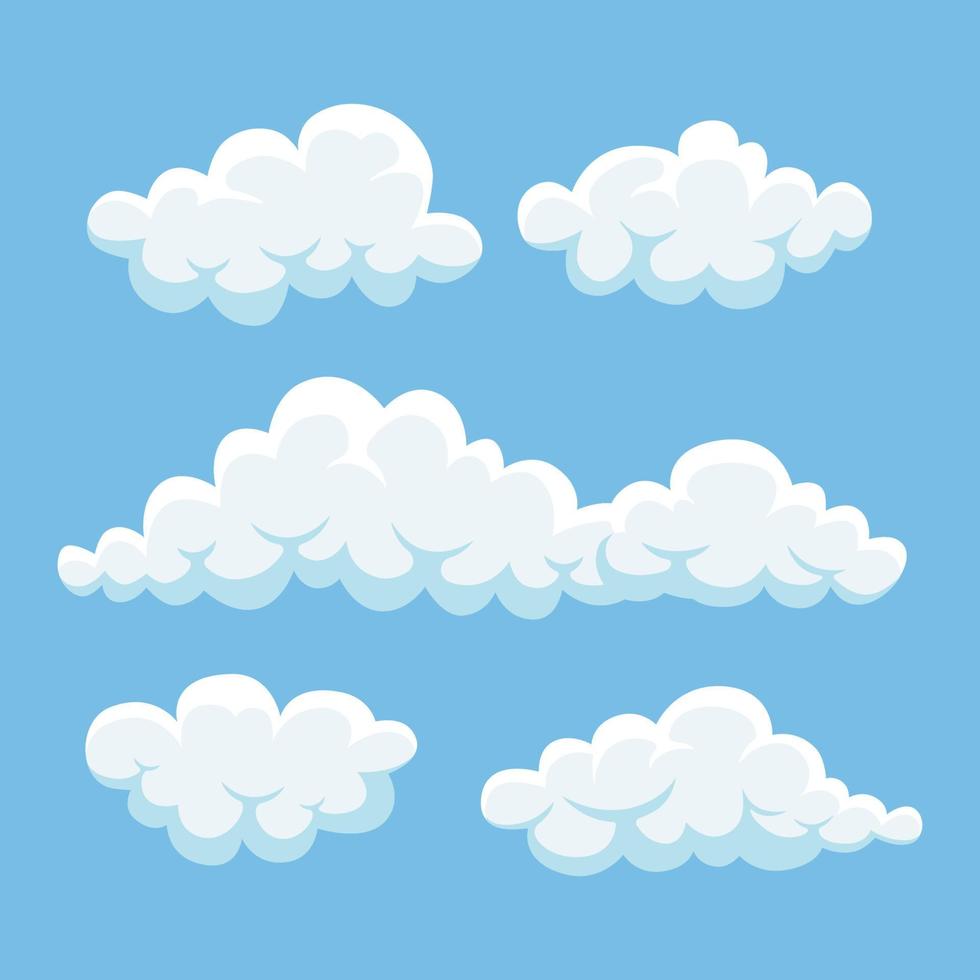 Cartoon clouds in blue sky. Cloudscape isolated on background. Heaven. Vector flat design