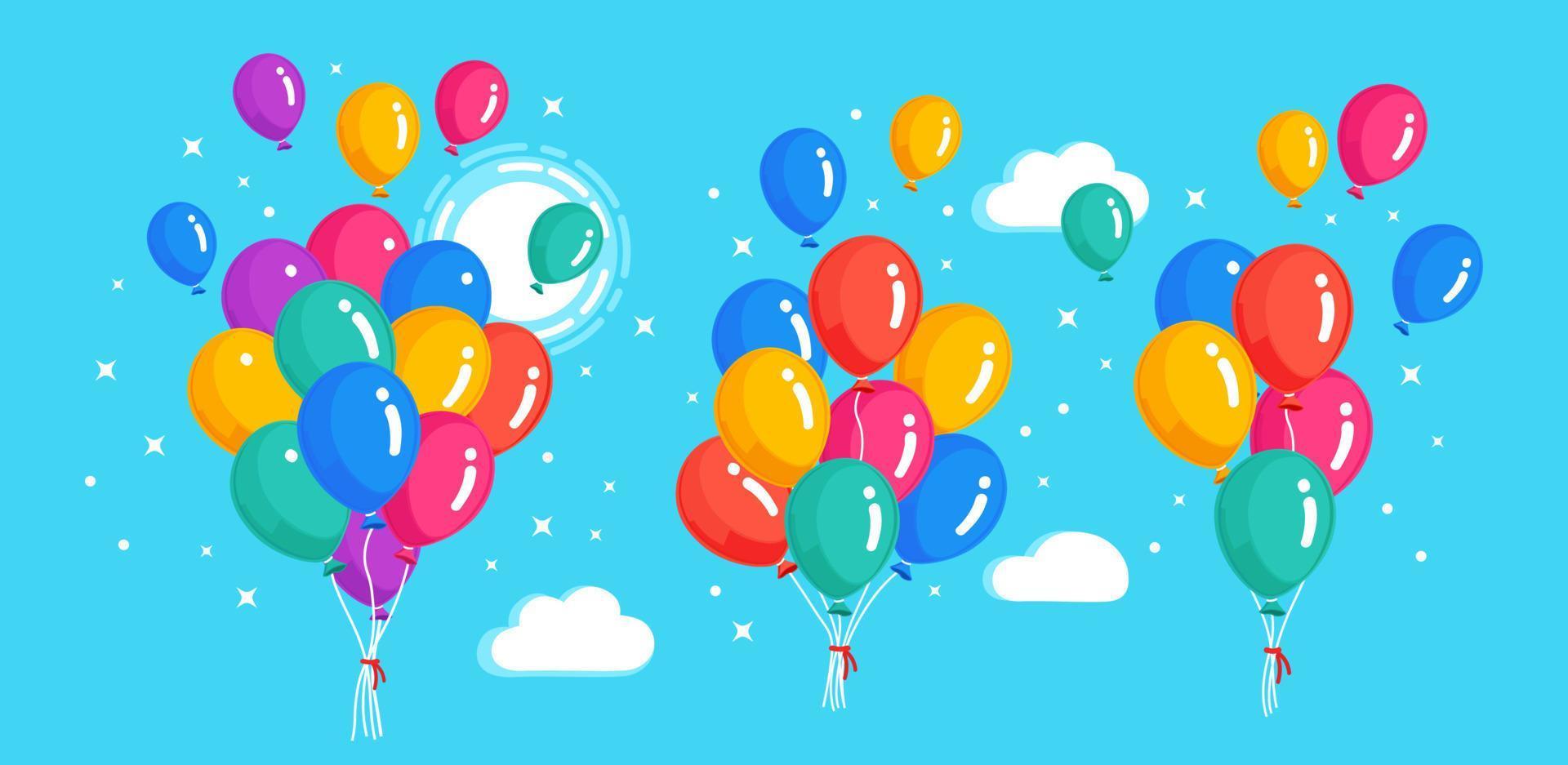 conjunto de globos de helio, bolas de aire volando en el cielo. feliz cumpleaños, concepto de vacaciones. decoración de fiesta diseño de dibujos animados de vectores