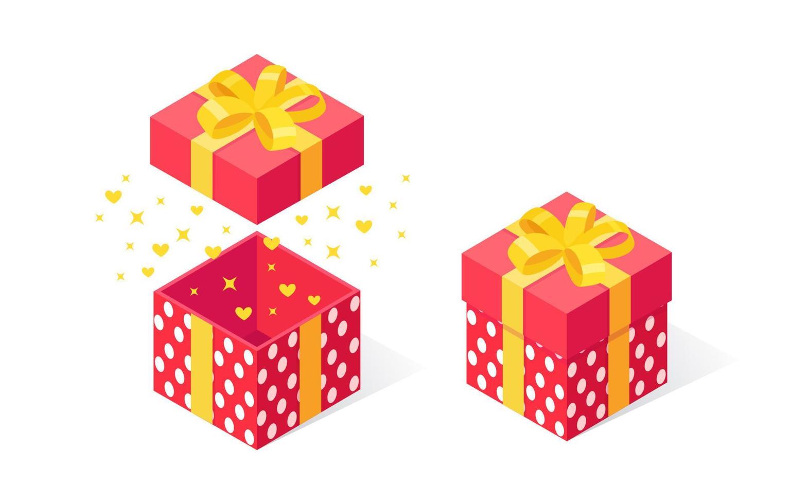 Gift box with bow, ribbon isolated on white background. 3d isometric red package, surprise with confetti. Sale, shopping. Holiday, christmas, birthday concept. Vector cartoon design