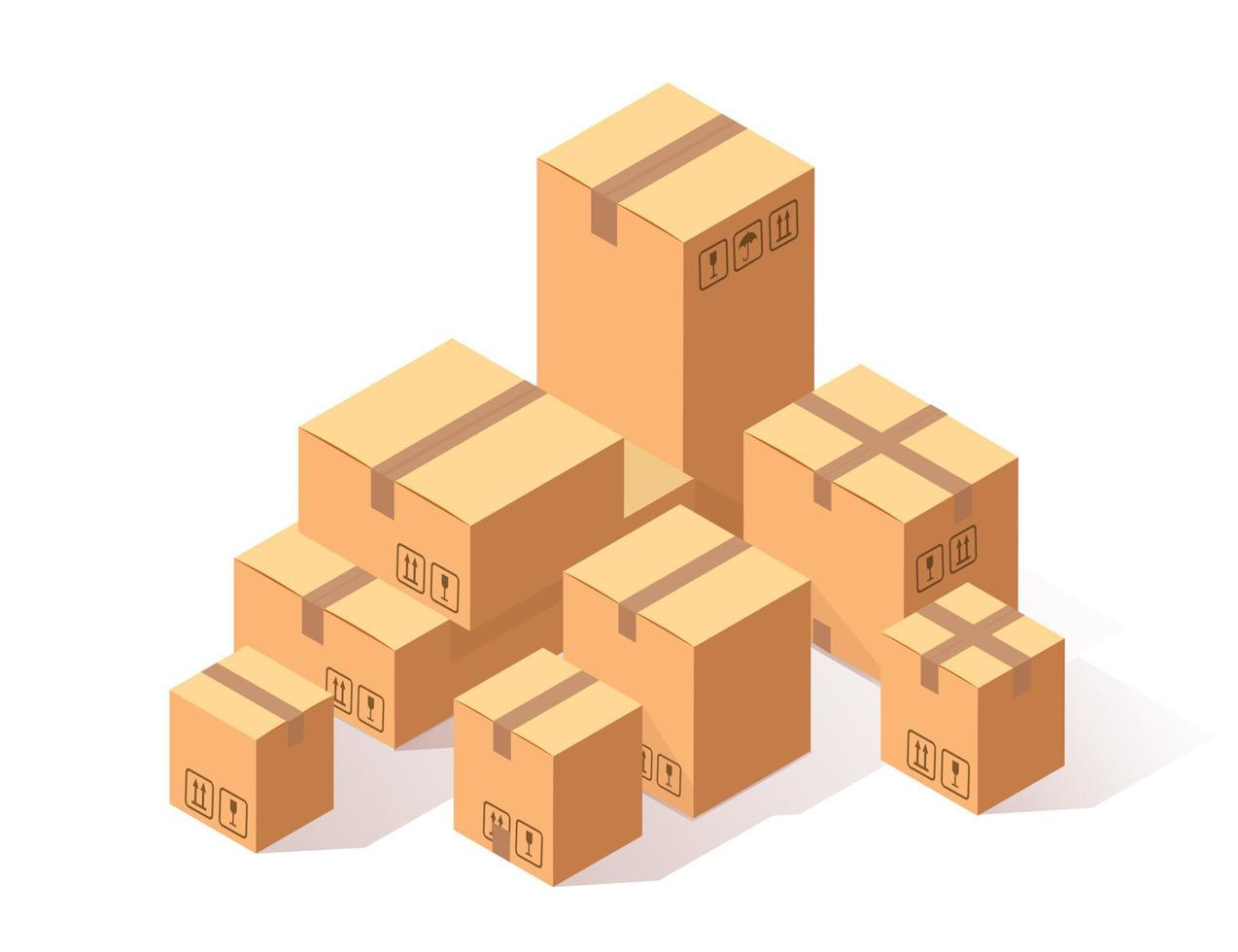 conjunto de cartón isométrico 3d, caja de cartón aislada sobre fondo blanco. paquete de transporte en tienda, concepto de distribución. diseño de dibujos animados de vectores